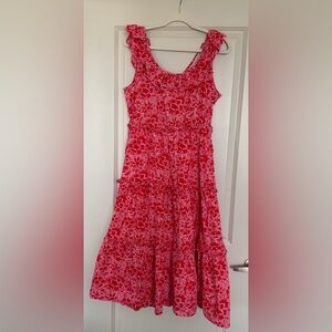 J Crew 100% Cotton Red/Pink Floral Ruffle Sleeveless Tiered Maxi Dress Size 12